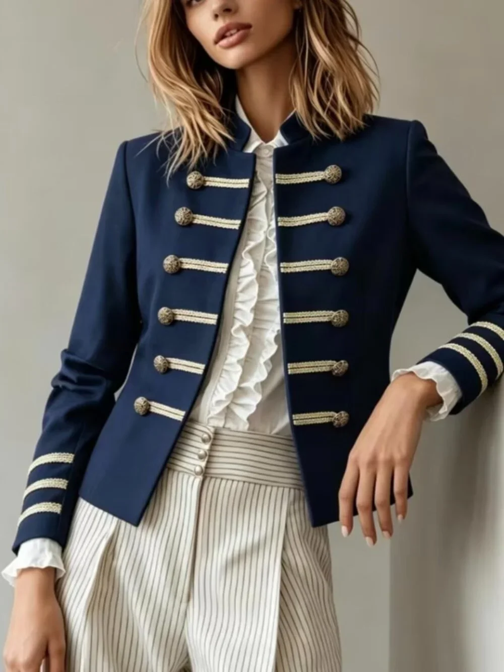 Navy Style Blazer with Golden Striped Buttons Jacket